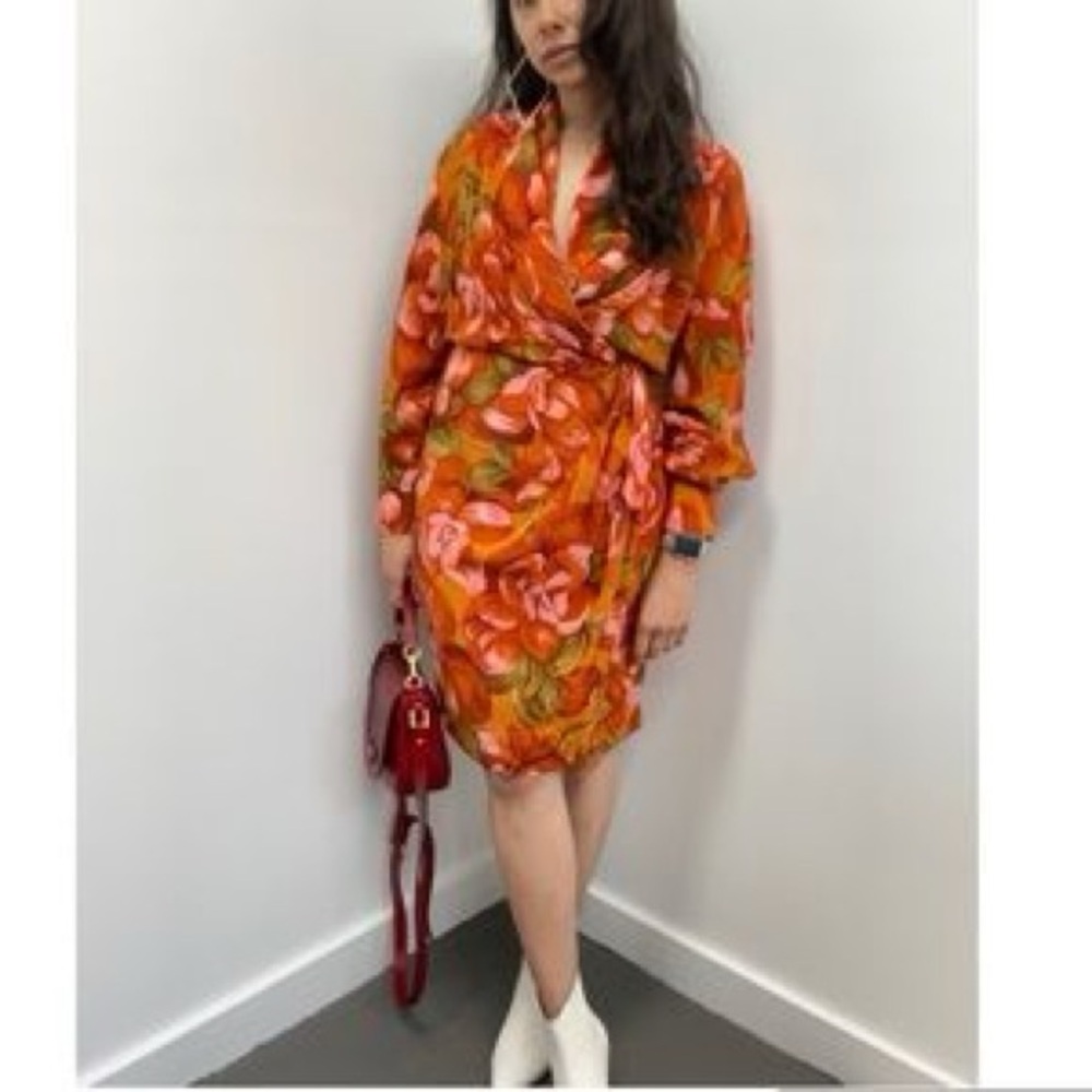 Vintage silk Floral Wrap-Style Orange Dress